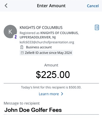Example of a completed Zelle payment screen